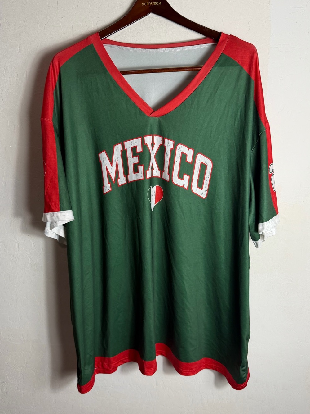 SHEIN Green V-Neck Mexico Graphic Men's Jersey with Red Trim 5XL
